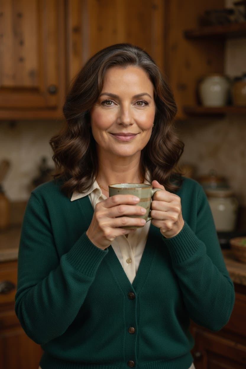A woman with wavy brown hair smiles softly while holding a warm mug in a rustic kitchen.