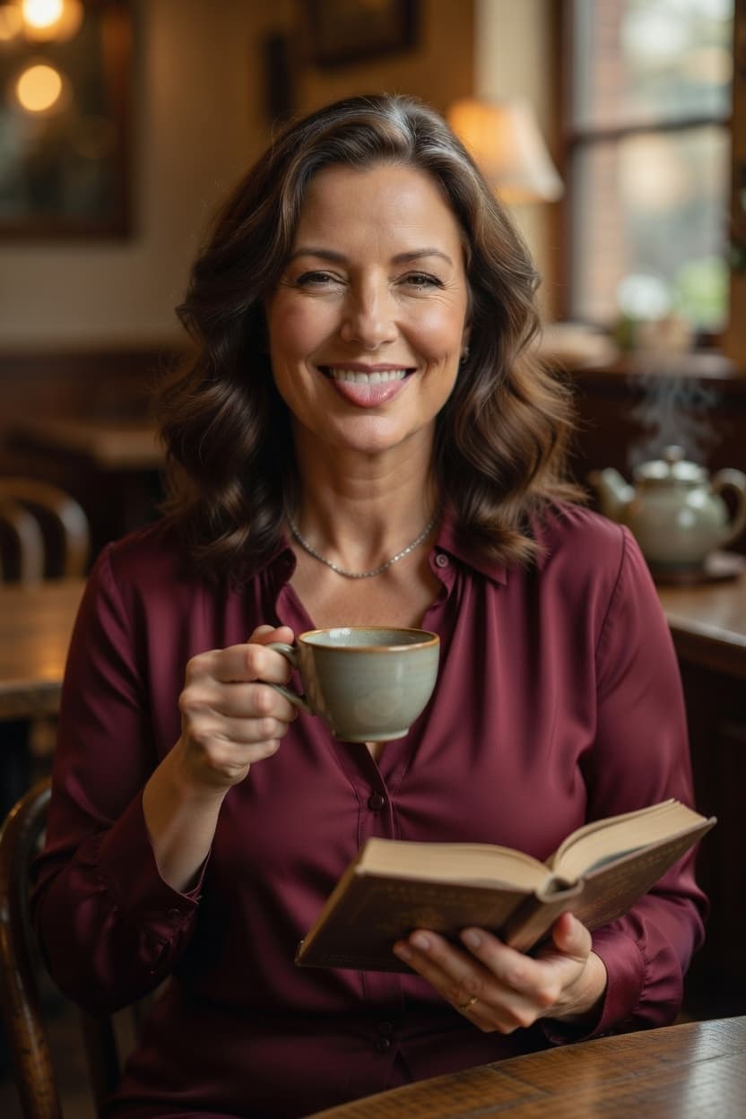 A radiant woman smiles warmly while enjoying a cup of coffee and reading a book at a cozy cafe.