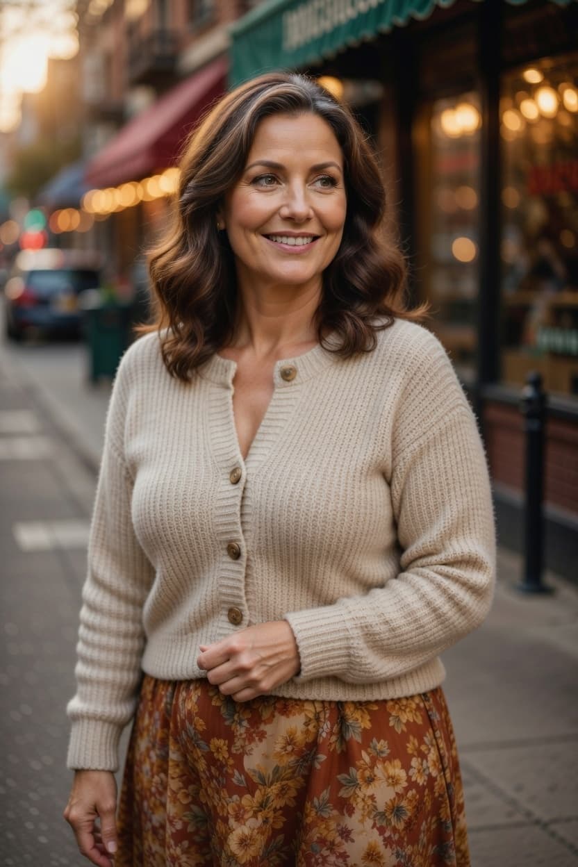 A radiant woman smiles warmly while standing on a charming city street at golden hour.