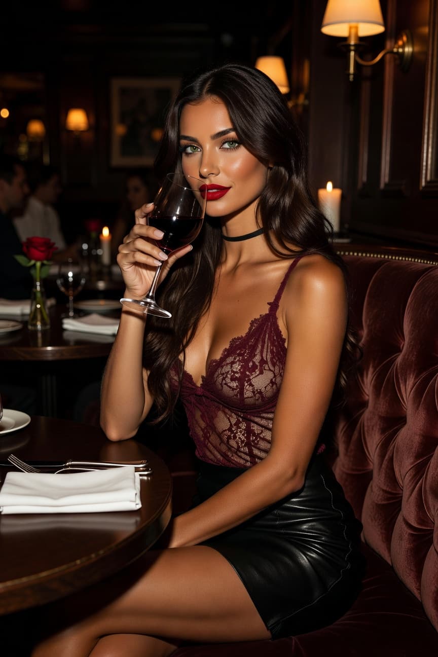 Elegant woman in a lace top and leather skirt enjoys a glass of red wine at a candlelit restaurant table.