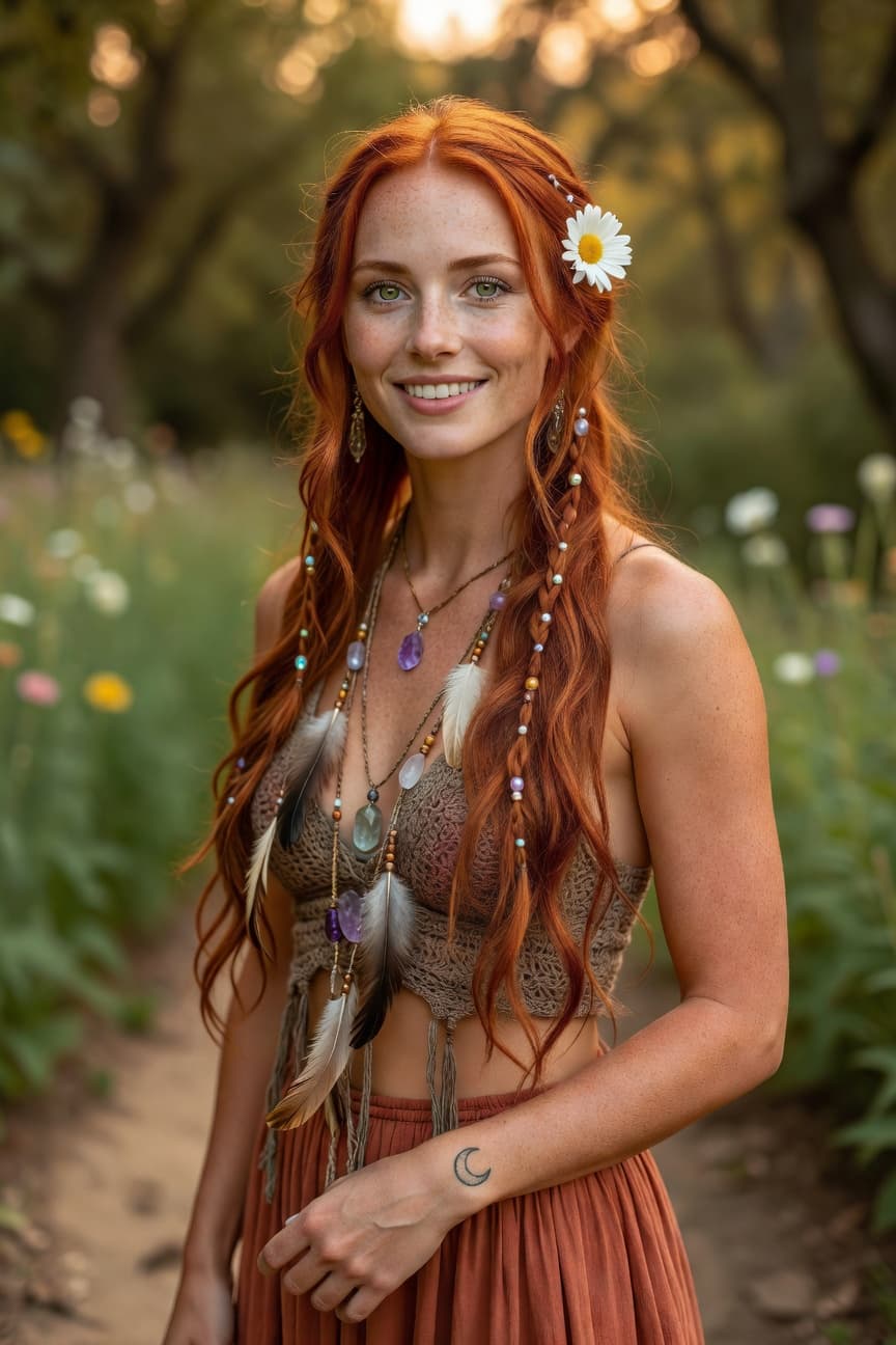 A radiant woman with flowing red hair adorned with a daisy smiles warmly in a sunlit meadow during golden hour.