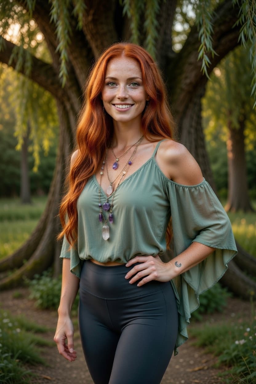 A radiant redhead smiles warmly while standing beneath the branches of an ancient tree at golden hour.