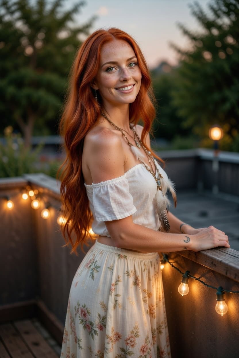 A radiant redhead smiles warmly while leaning on a wooden railing adorned with glowing string lights at dusk.