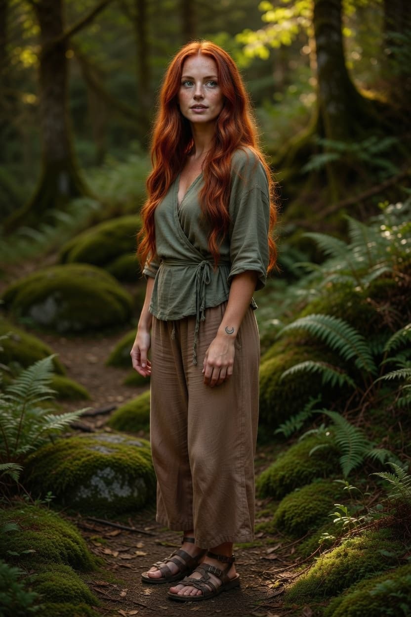 A woman with flowing red hair stands gracefully on a mossy path surrounded by lush ferns and ancient trees.