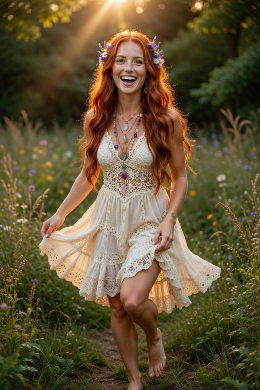 A radiant woman with flowing red hair laughs joyfully while twirling in a cream lace sundress through a sunlit wildflower meadow.
