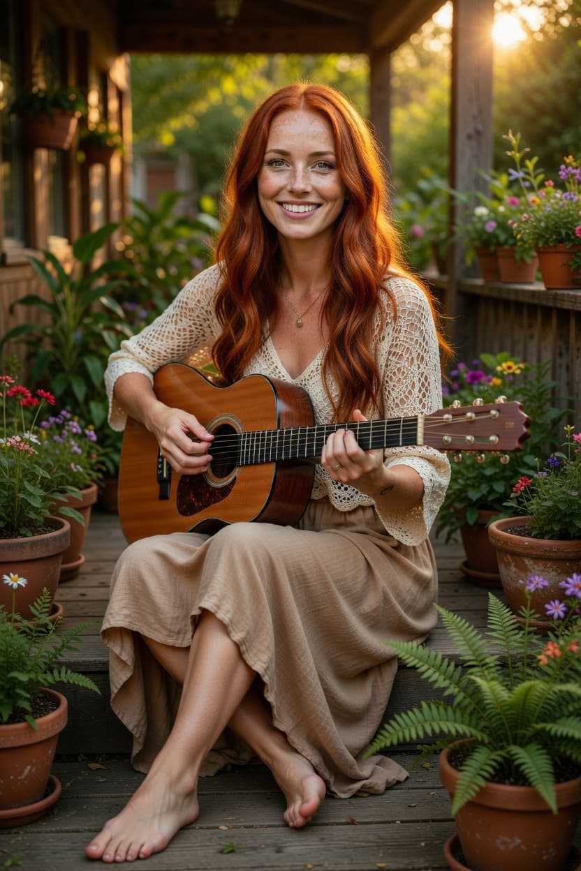 A radiant redhead smiles while playing acoustic guitar barefoot on a flower-filled porch at golden hour.