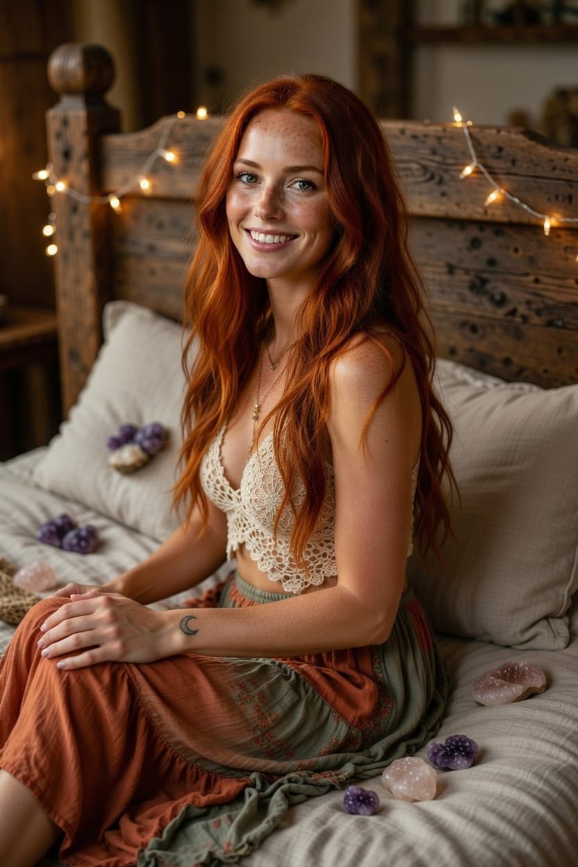 A radiant redhead with a warm smile sits comfortably on a bed adorned with crystals and fairy lights.