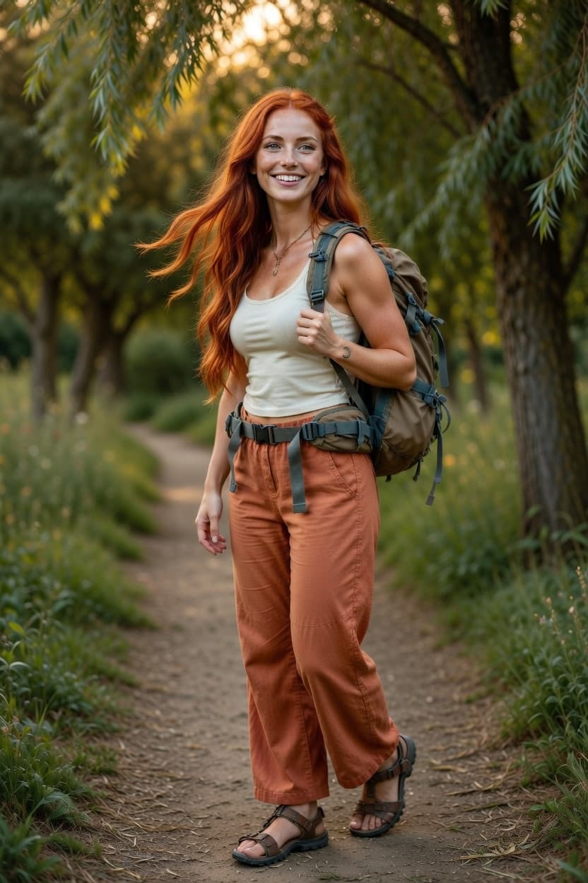 A radiant redhead with a bright smile hikes along a sunlit forest trail.