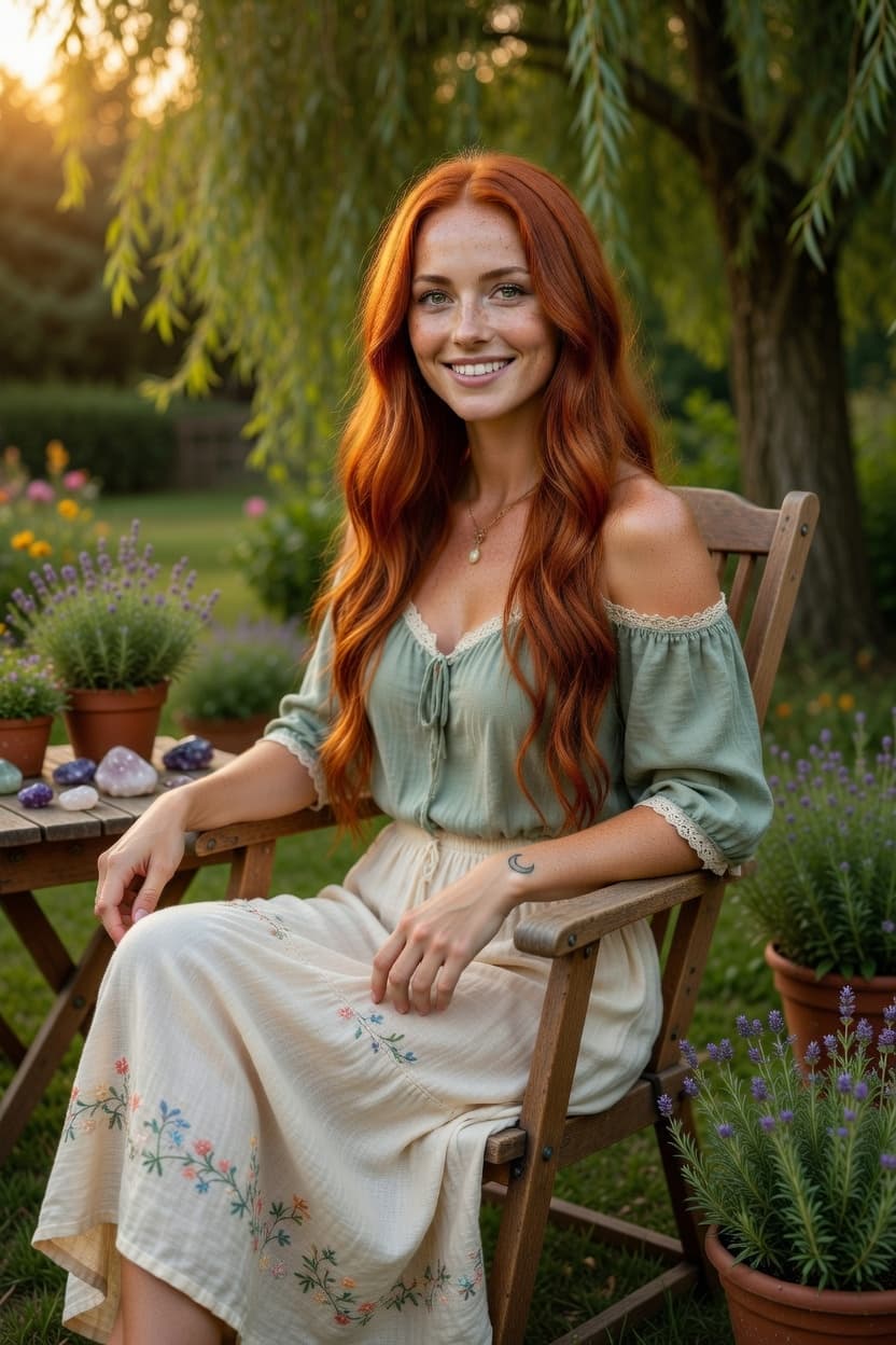 A radiant redhead smiles warmly while seated in a sunlit garden surrounded by lavender and wildflowers.