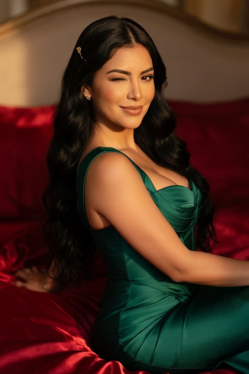 A radiant woman in an emerald green satin dress sits playfully on a bed with red satin sheets, winking at the camera.