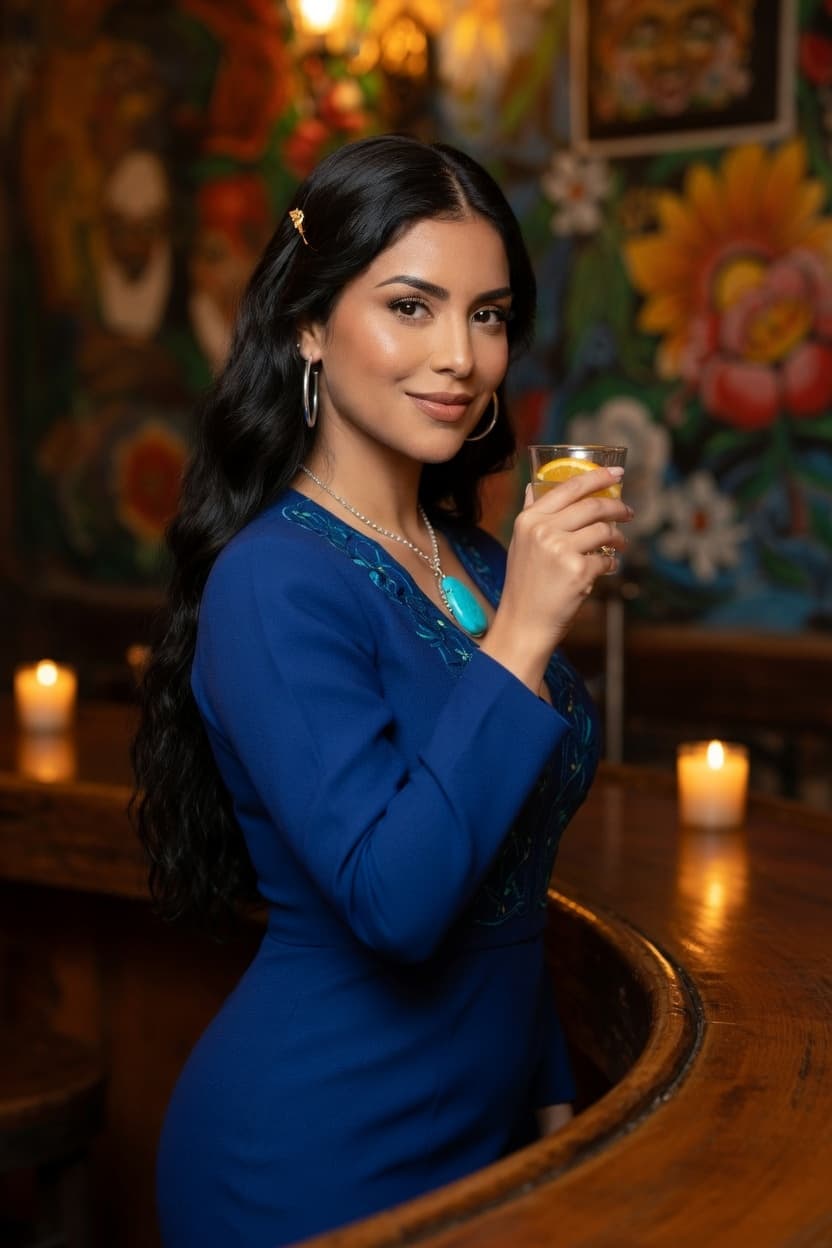 Elegant woman in a striking blue dress leans against a wooden bar holding a cocktail with a warm smile.