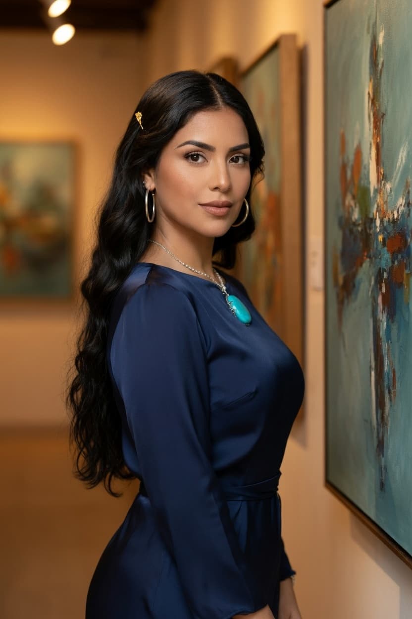 Elegant woman in a navy satin dress poses confidently in an art-filled gallery.