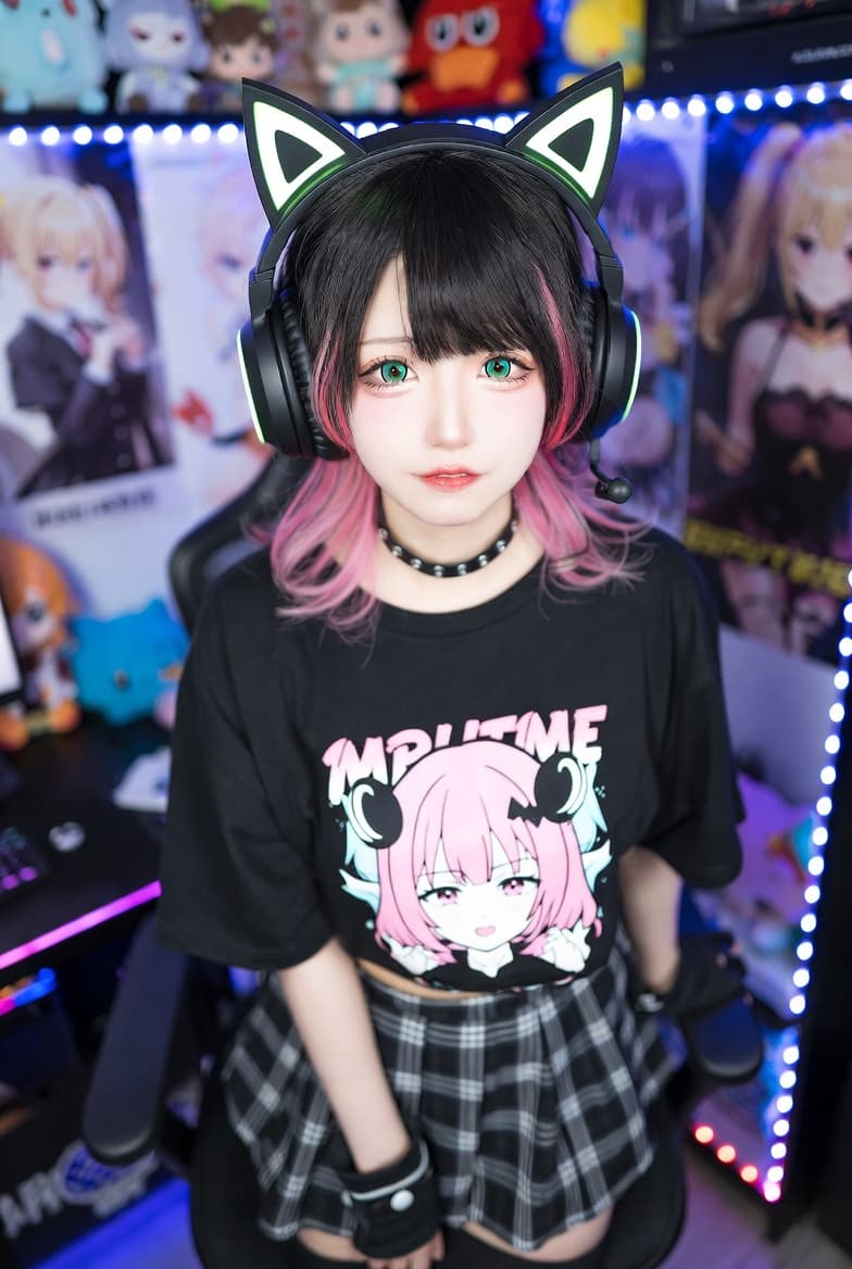 Playful anime fan in cat ear headset poses confidently in her colorful gaming setup.