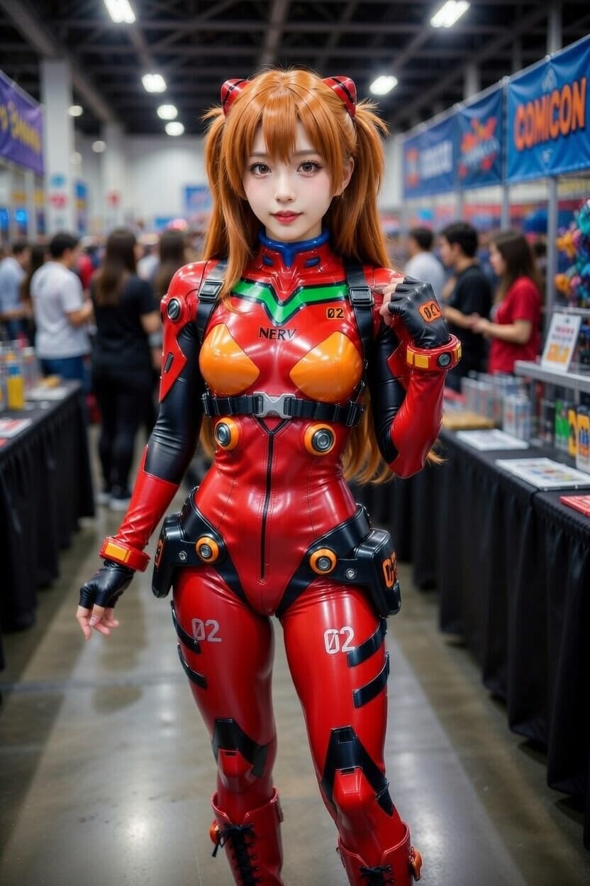 Cosplayer in a striking red plugsuit strikes a confident pose at a bustling anime convention.