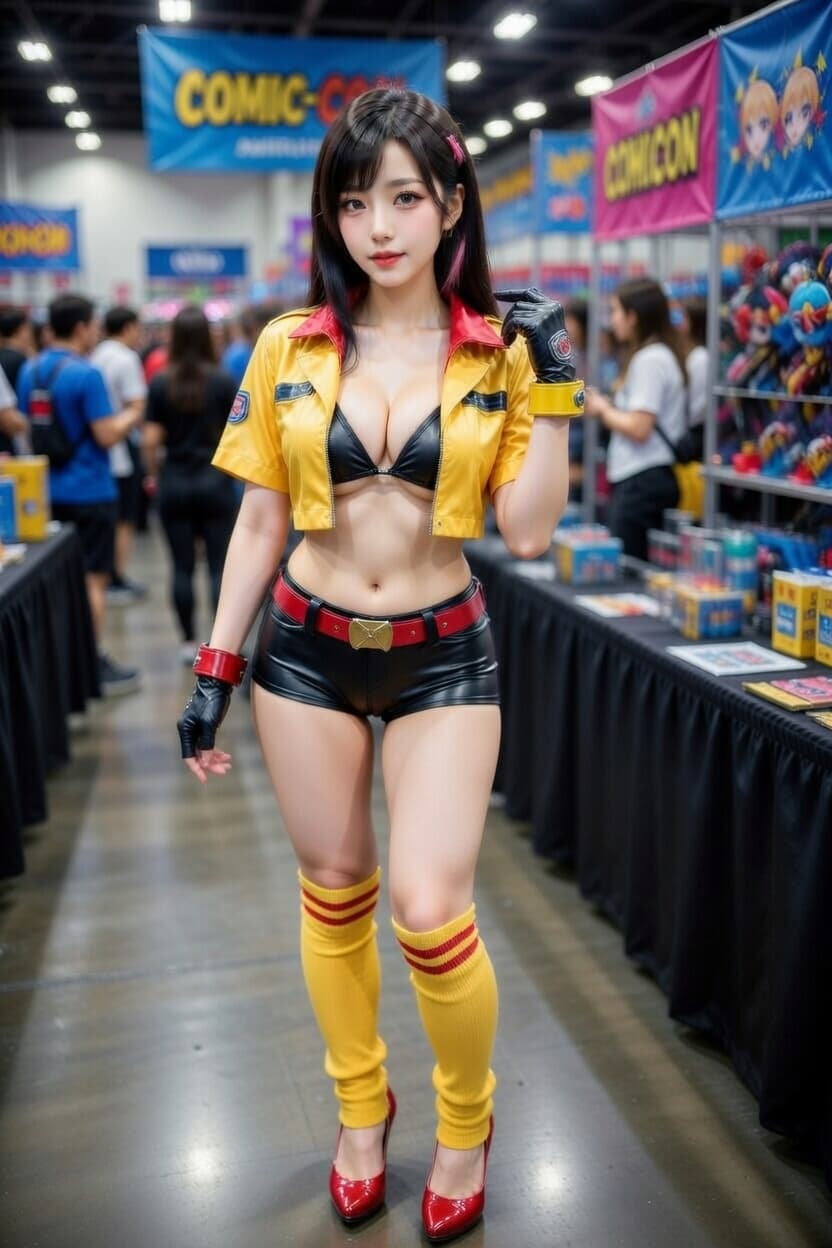 Confident cosplayer strikes a pose in striking yellow and black outfit at a bustling comic convention.