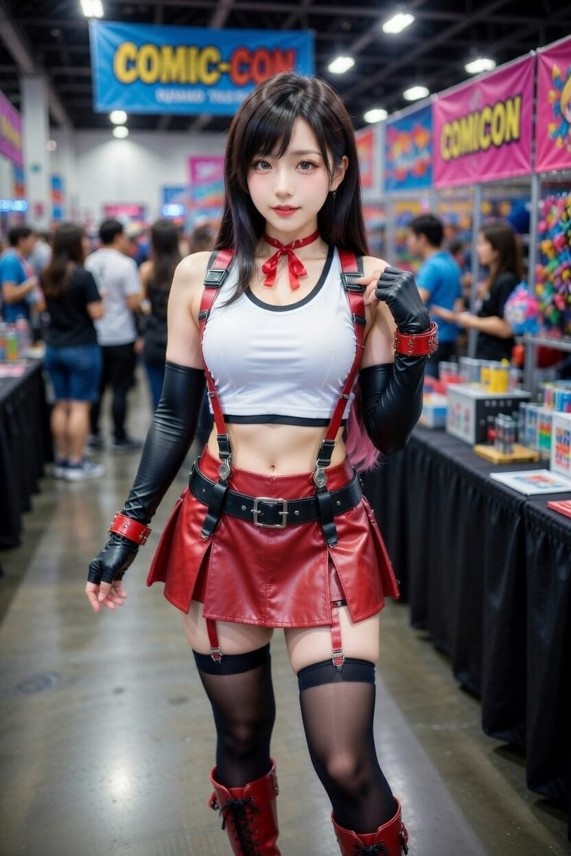 Confident cosplayer in striking red and white outfit poses at a bustling comic convention.