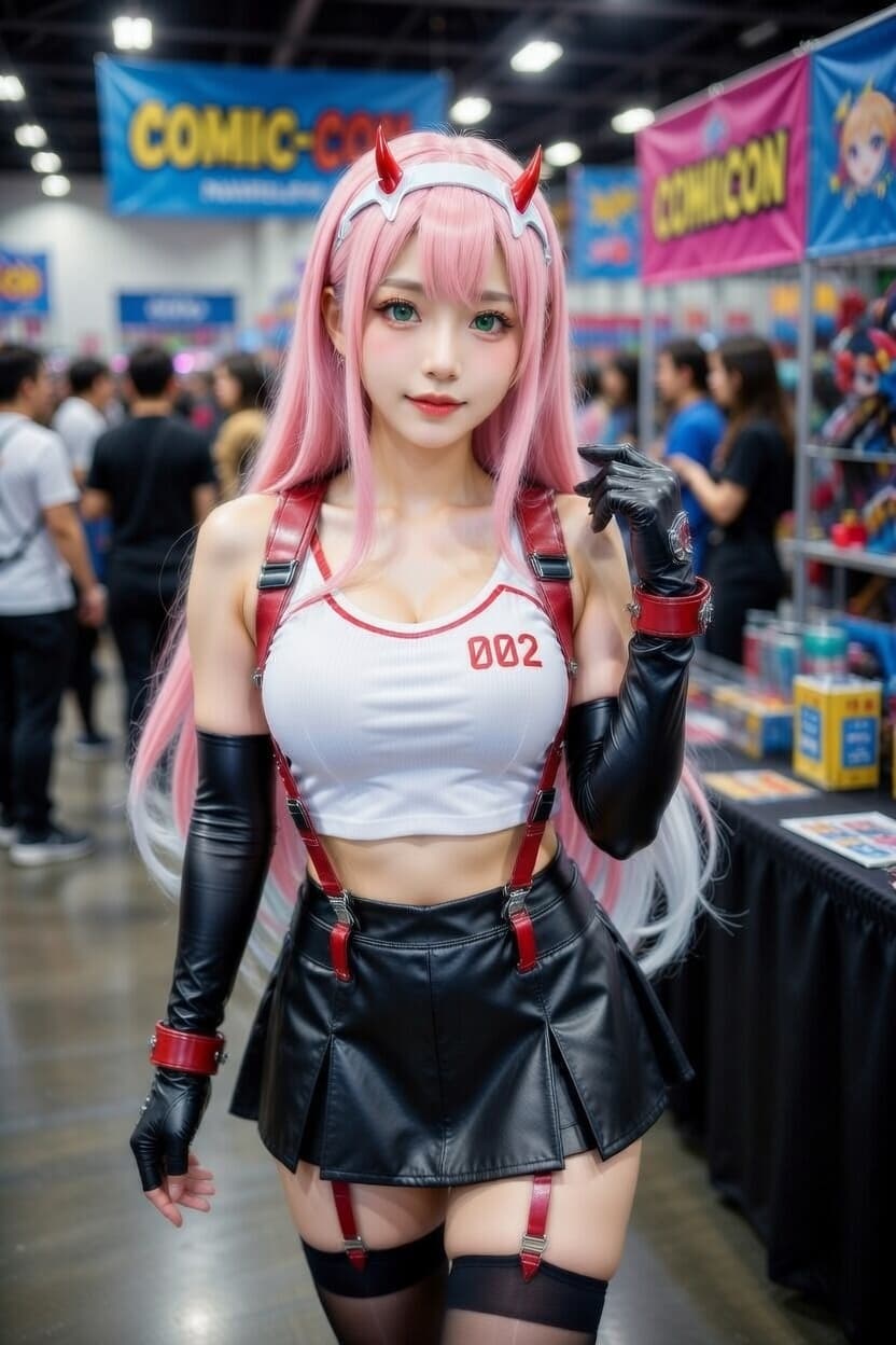 Cosplayer in striking pink wig and Zero Two-inspired outfit poses confidently at Comic-Con.