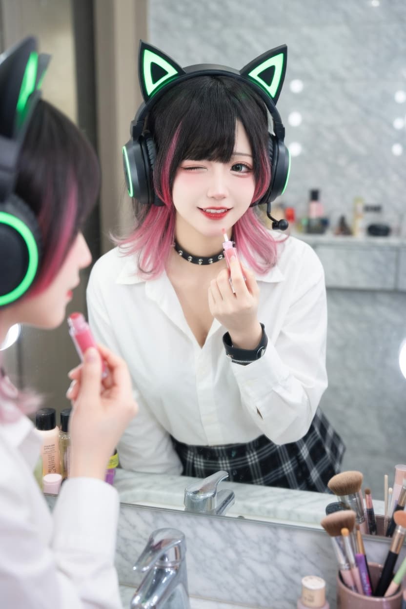 Playful young woman in cat ear headphones applies lip gloss while winking at her mirror reflection.