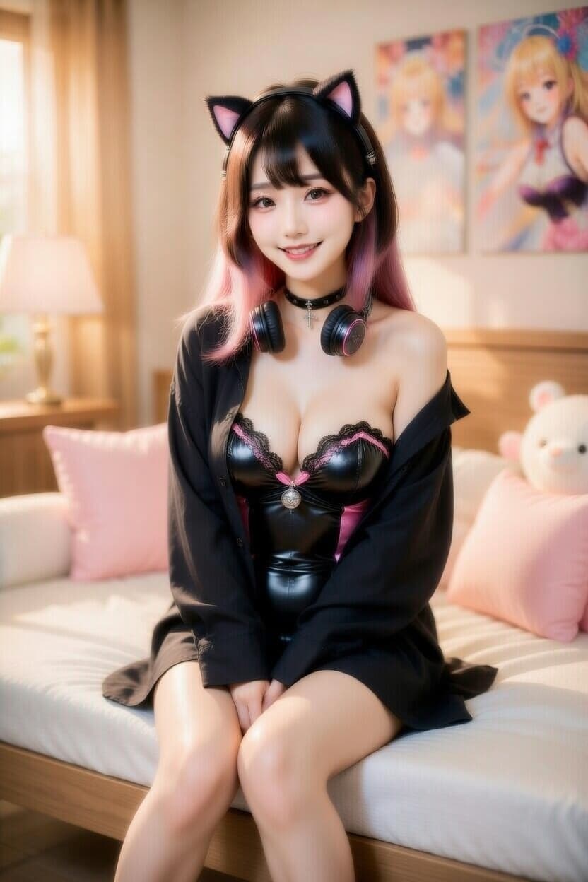 A playful young woman in cat ears and black latex corset sits confidently on a sunlit bed surrounded by pink pillows.