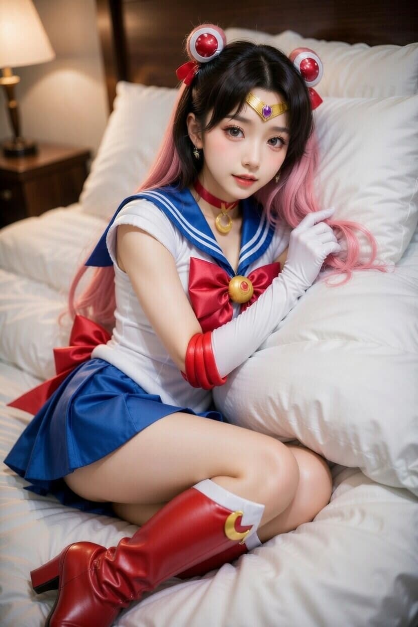 Playful anime cosplayer in Sailor Moon costume lounging on a cozy bed.