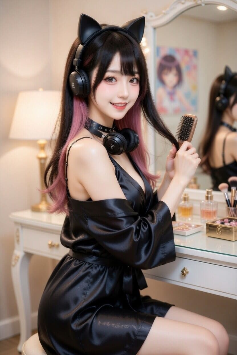 A playful young woman in a black satin robe and cat ears smiles while brushing her long pink-tipped hair at her vanity.