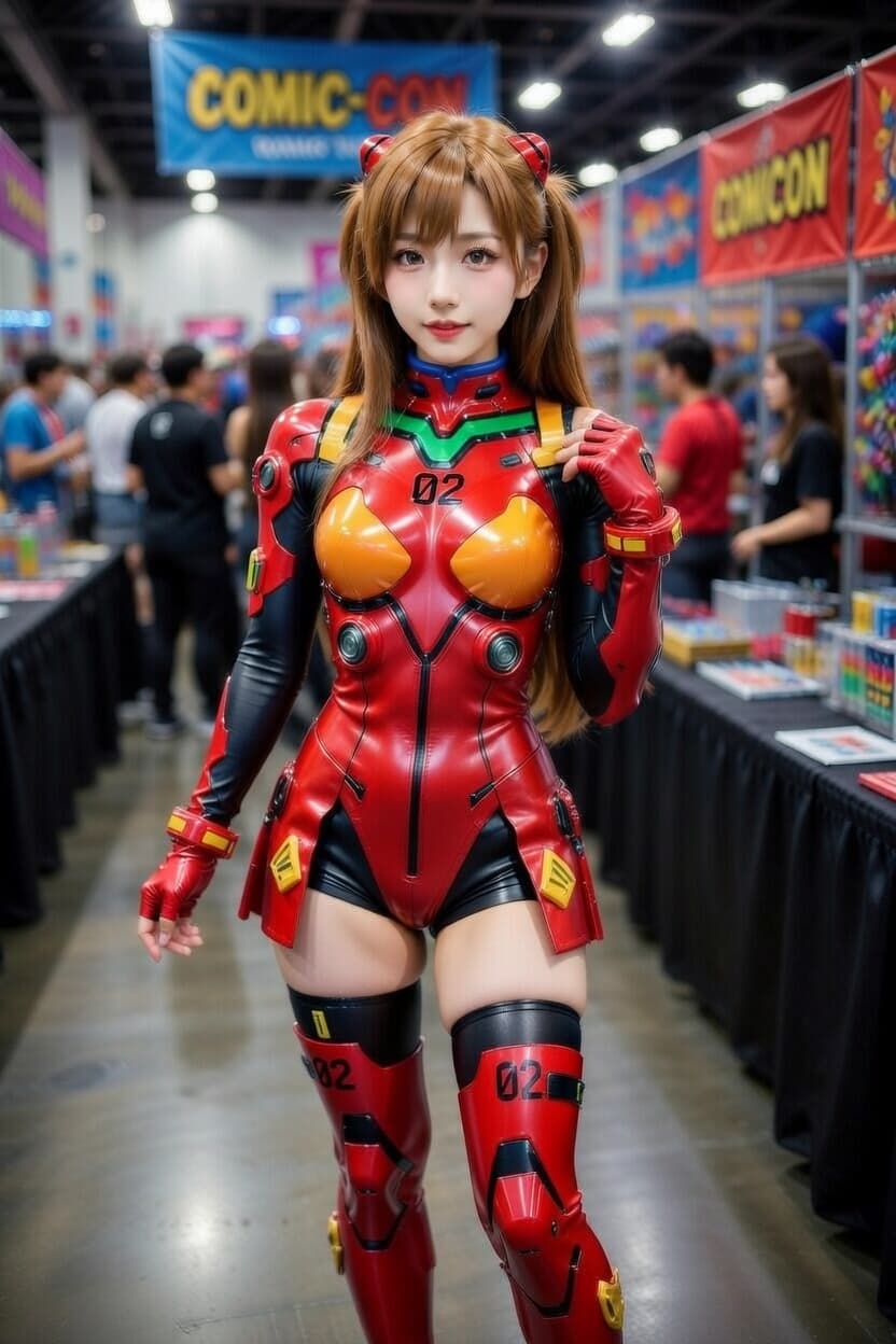 Cosplayer in a striking red plugsuit strikes a confident pose at Comic-Con.