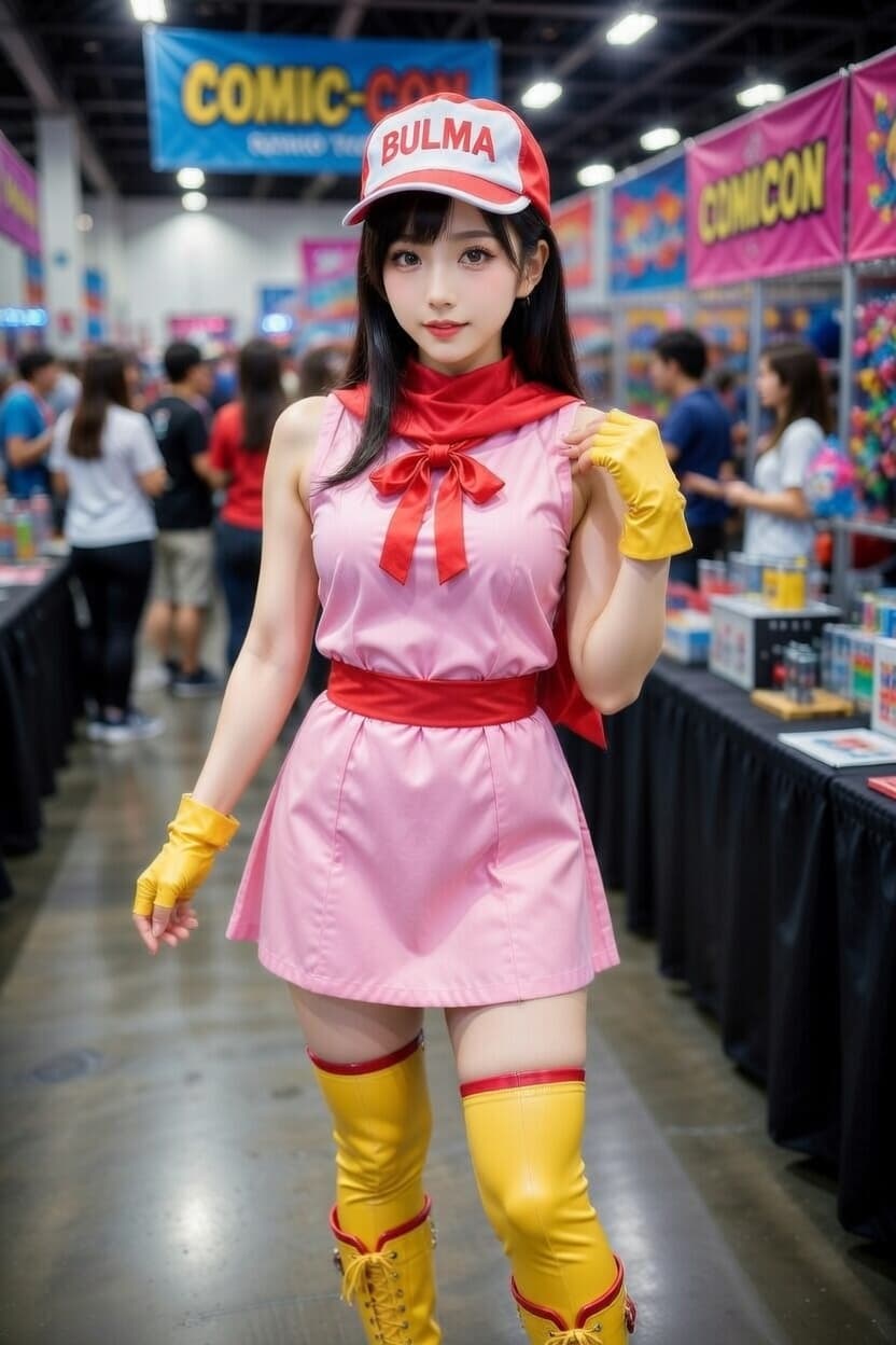 Cosplayer dressed as Bulma from Dragon Ball strikes a confident pose at a bustling comic convention.