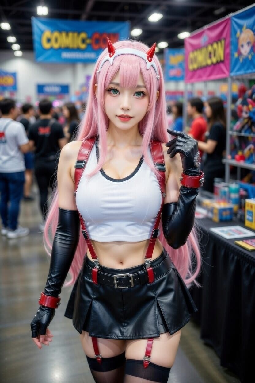 Cosplayer in striking pink wig and devil horn headband poses confidently at a bustling comic convention.