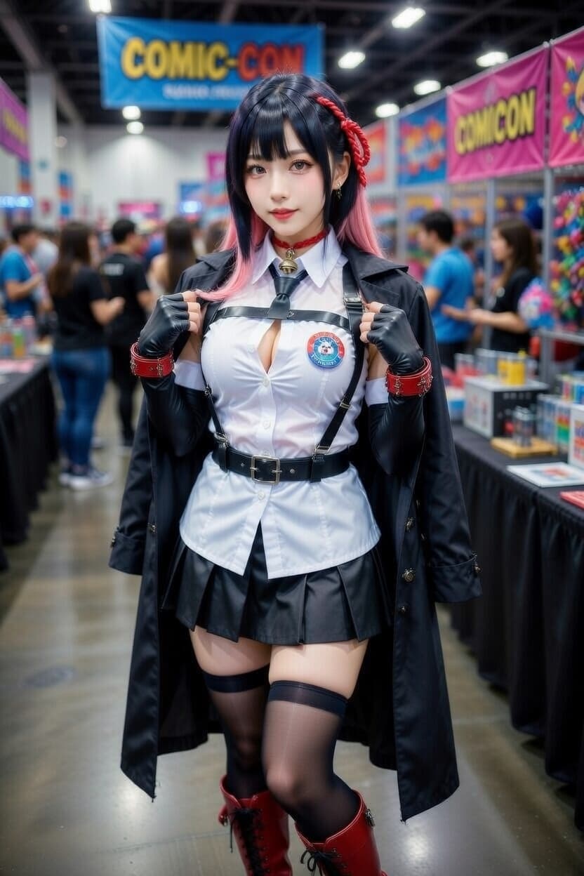 Cosplayer in striking anime-inspired uniform poses confidently at a bustling comic convention.