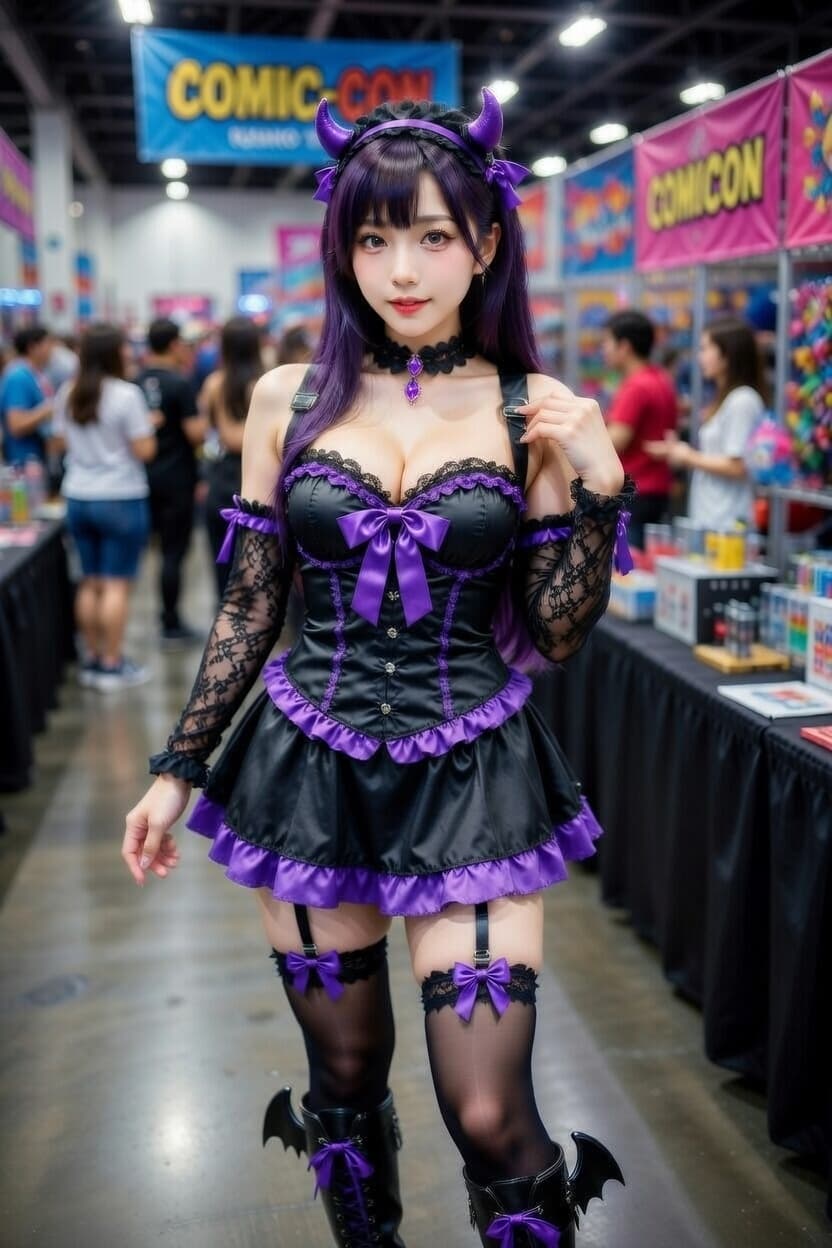Playful cosplayer in a striking black and purple devil outfit at a bustling comic convention.