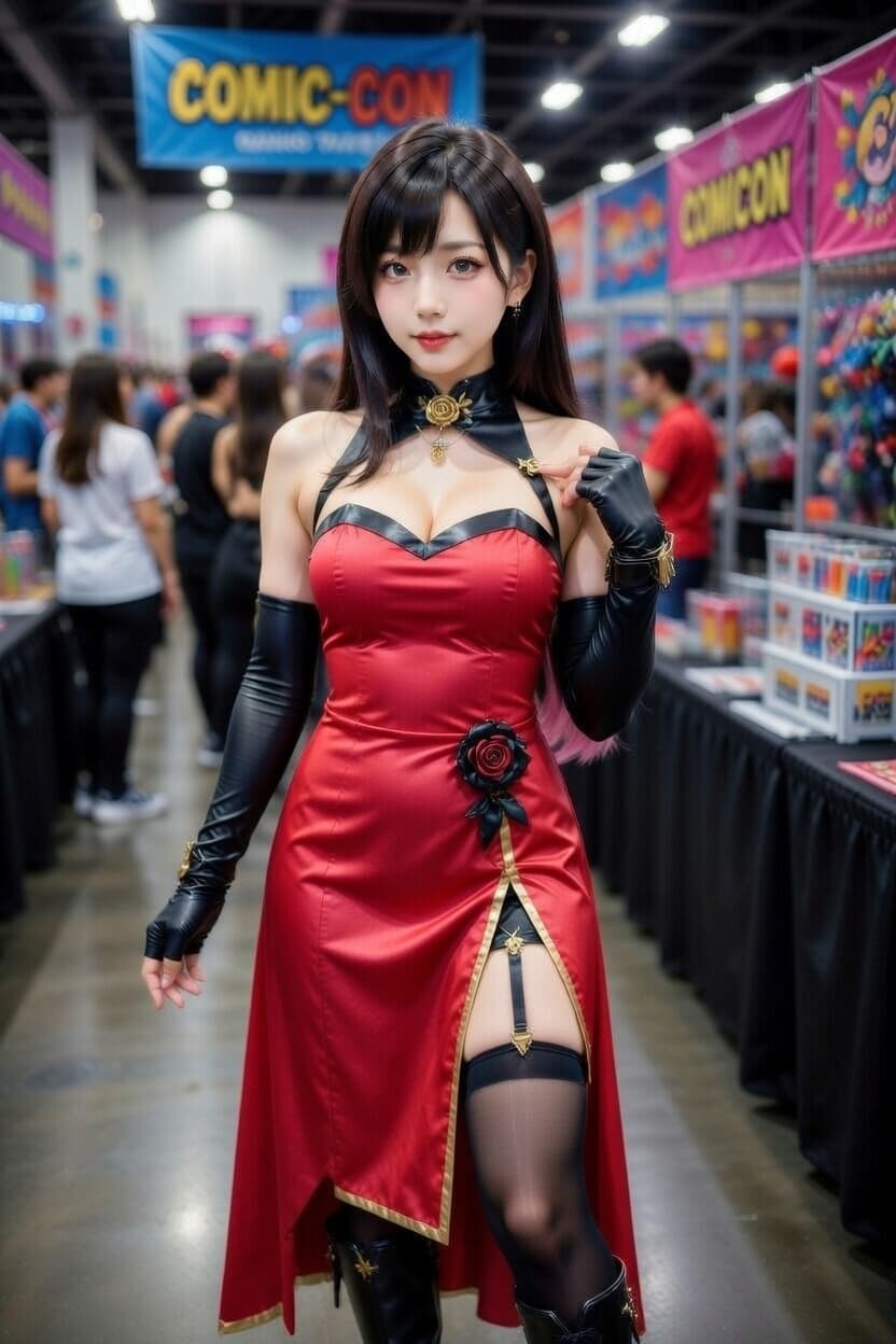 Elegant cosplayer in striking red gown poses confidently at a bustling comic convention.