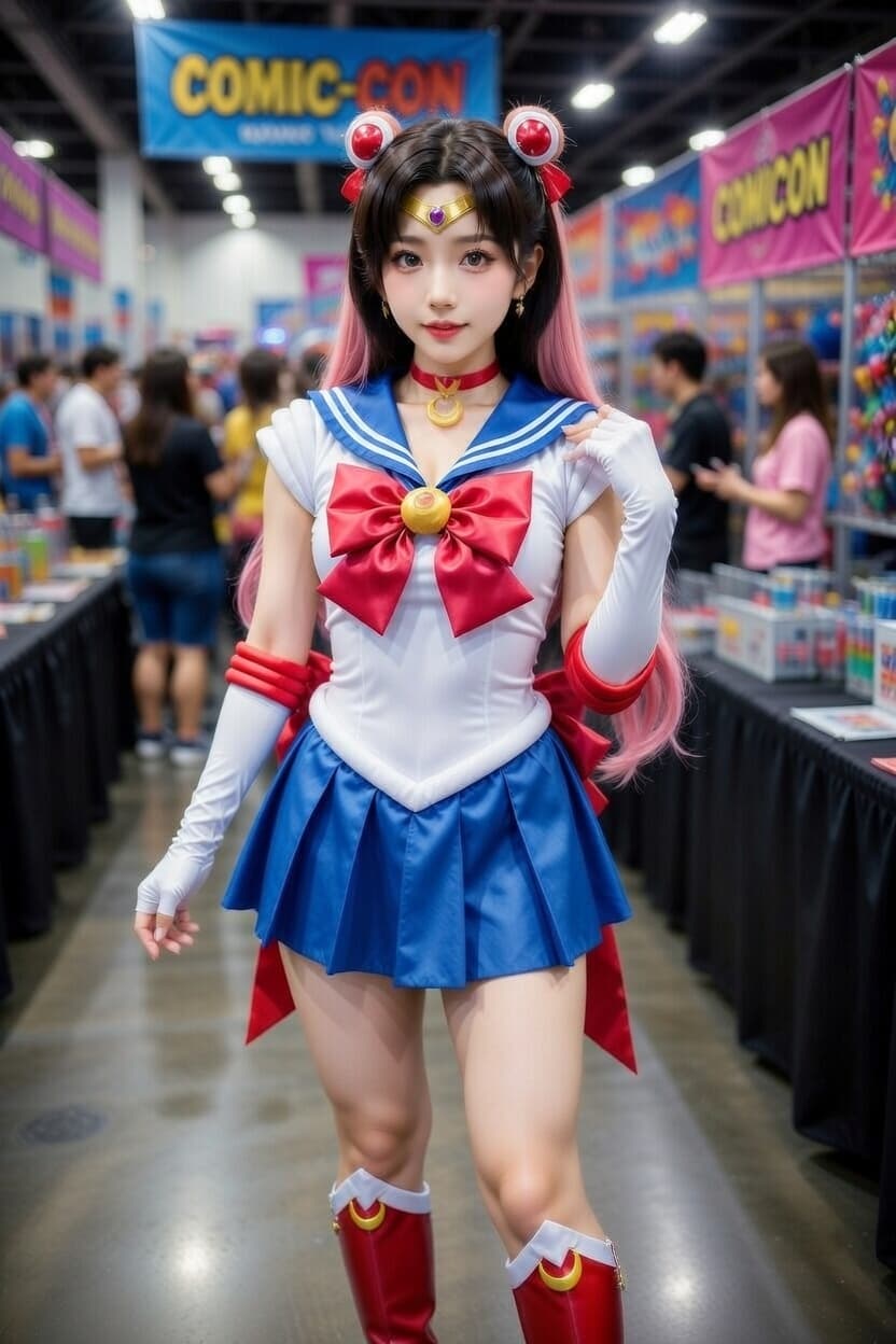 Cosplayer dressed as Sailor Moon strikes a confident pose at Comic-Con.