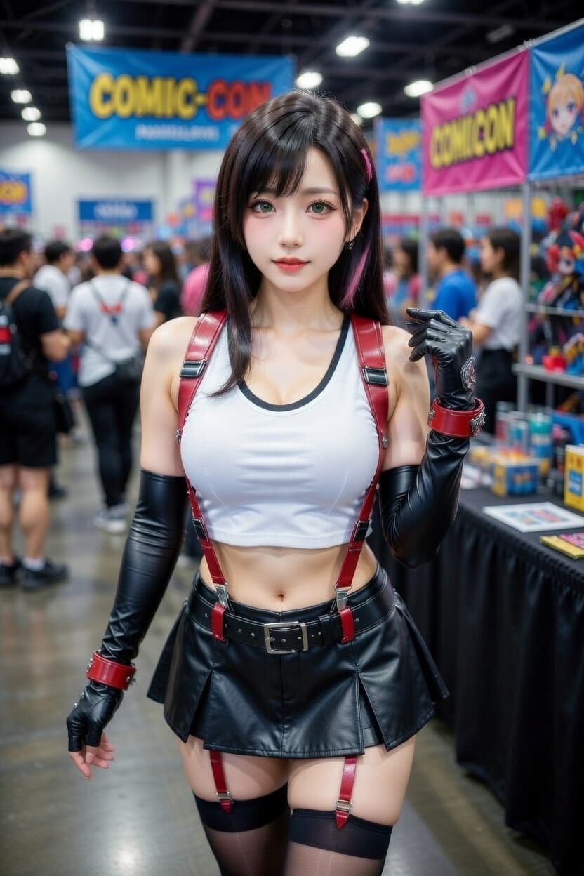 Confident cosplayer in striking anime-inspired outfit poses at a bustling comic convention.