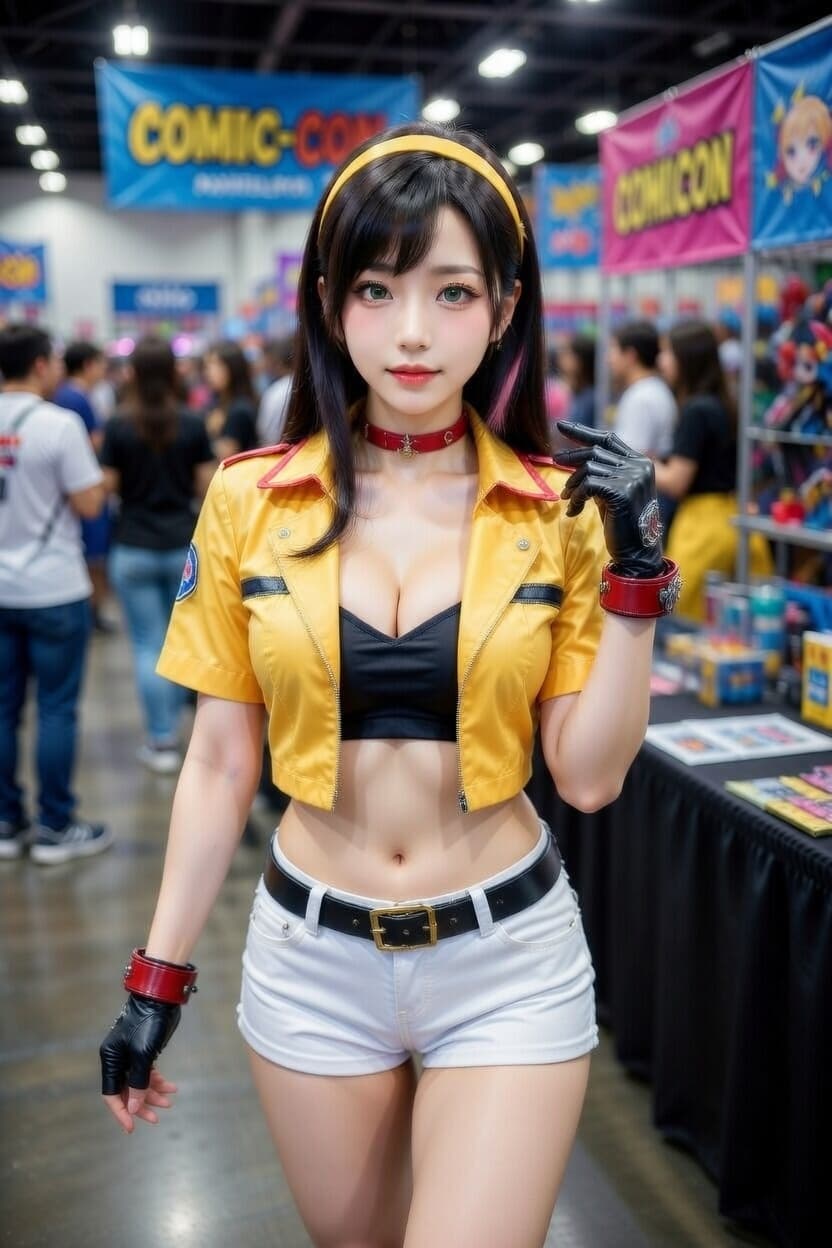 Confident cosplayer in a striking yellow jacket poses at a bustling comic convention.