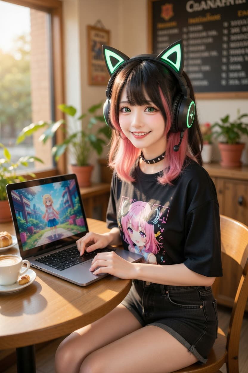 A playful young woman with pink hair and cat ear headphones smiles while working on her laptop in a sunlit cafe.