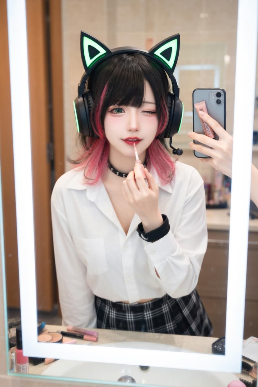 Playful cat-eared beauty applies lip gloss while taking a mirror selfie in a glowing vanity.