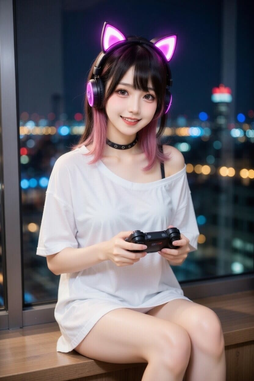 Playful gamer girl with glowing cat ear headphones smiles while holding a controller against a sparkling city night skyline.