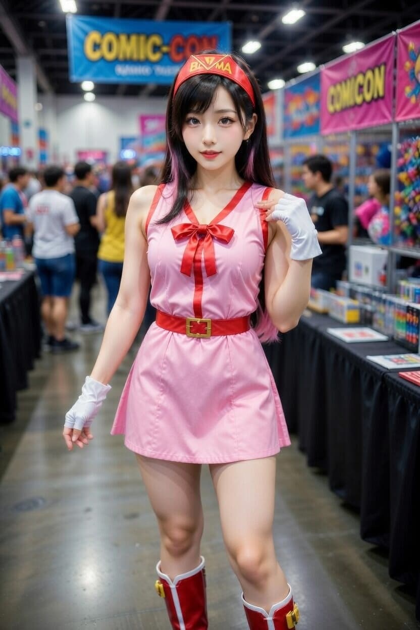 Cosplayer in a vibrant pink anime-inspired outfit poses confidently at a bustling comic convention.