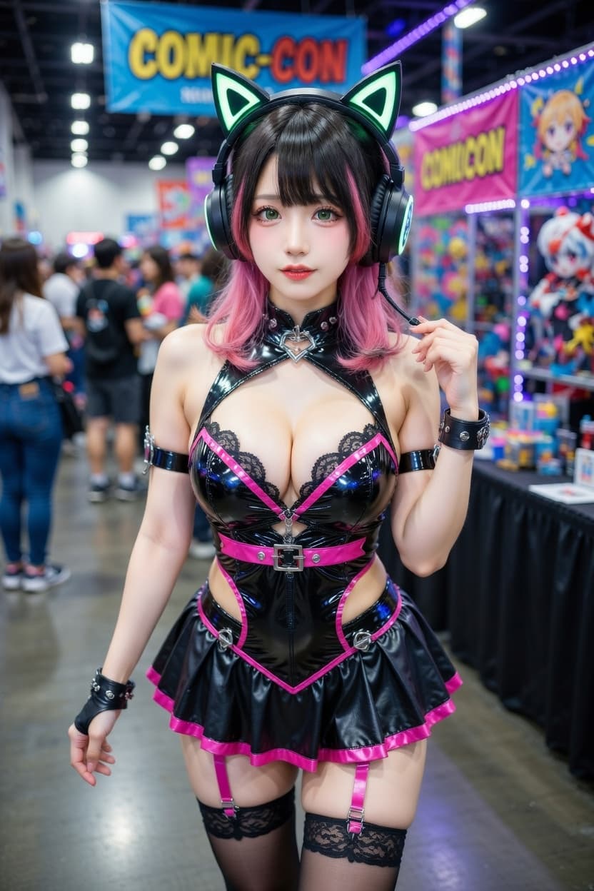 A playful cosplayer in a striking black and pink catgirl outfit poses confidently at Comic-Con.