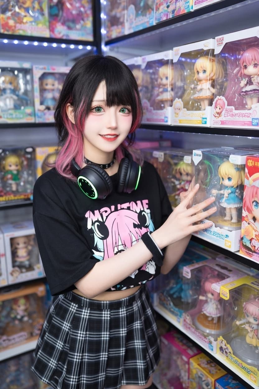 Playful young woman with pink-tipped hair poses confidently in front of shelves filled with anime collectibles.