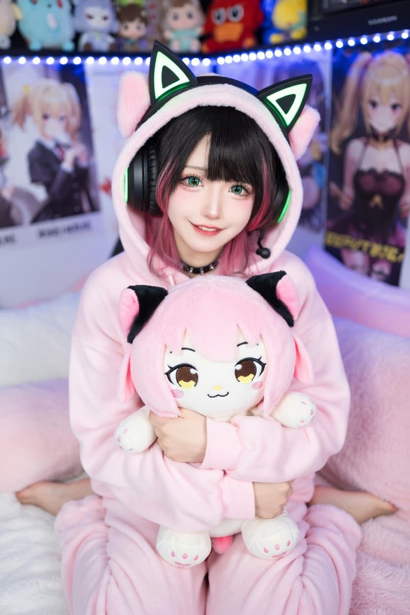 A playful young woman in a pink cat kigurumi sits on her bed hugging a matching plush toy in her cozy gaming room.