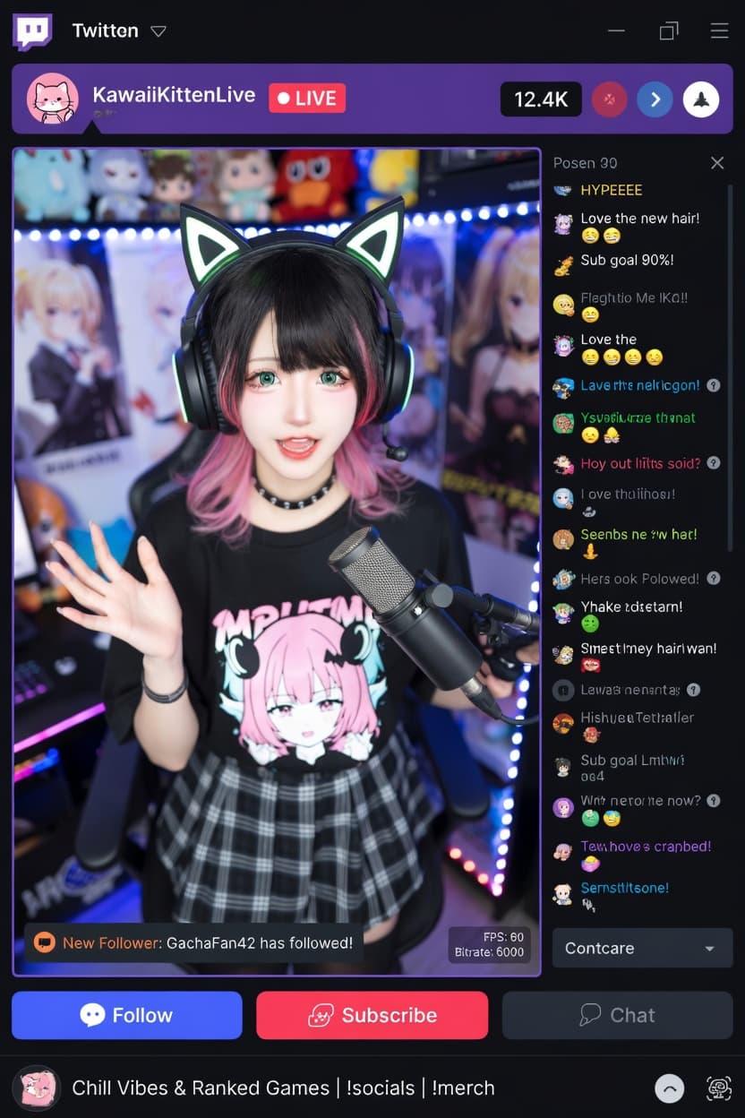 Playful anime streamer with cat ear headphones waves at her live audience.