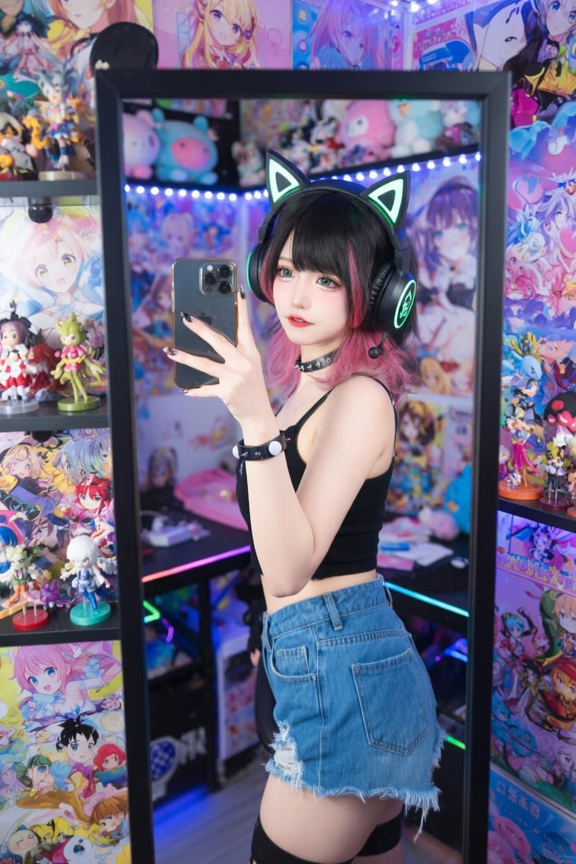 Playful young woman in cat ear headphones takes a confident mirror selfie in her colorful anime-filled room.