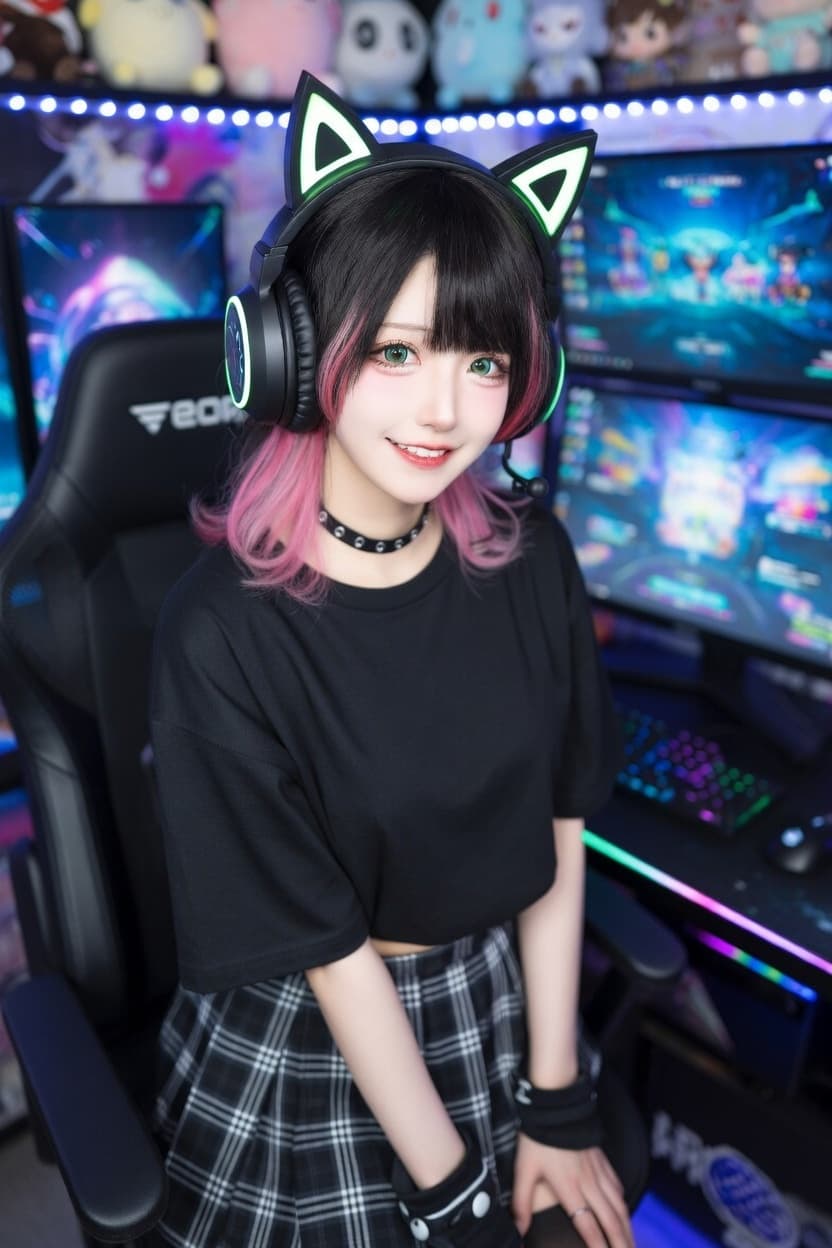 Playful gamer girl with cat ear headphones smiles at the camera from her colorful RGB gaming setup.