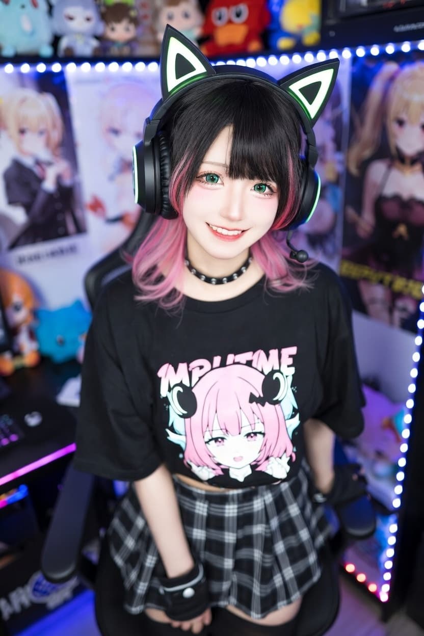 Playful young woman in cat ear headphones smiles confidently in a vibrant anime-filled gaming setup.