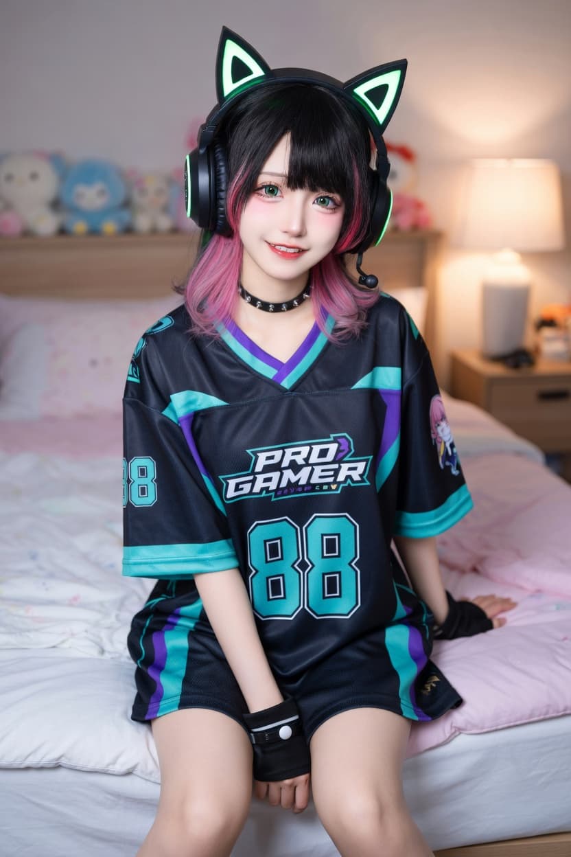 Playful gamer girl with cat ear headset poses confidently on her bed.