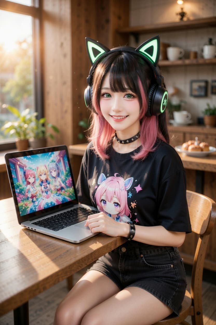 Playful anime fan with cat ear headphones smiles while working on her laptop in a sunlit kitchen.