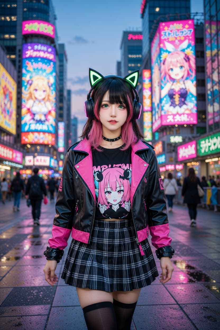 A playful young woman in cat-ear headphones and anime-inspired streetwear poses confidently on a vibrant neon-lit city street at dusk.