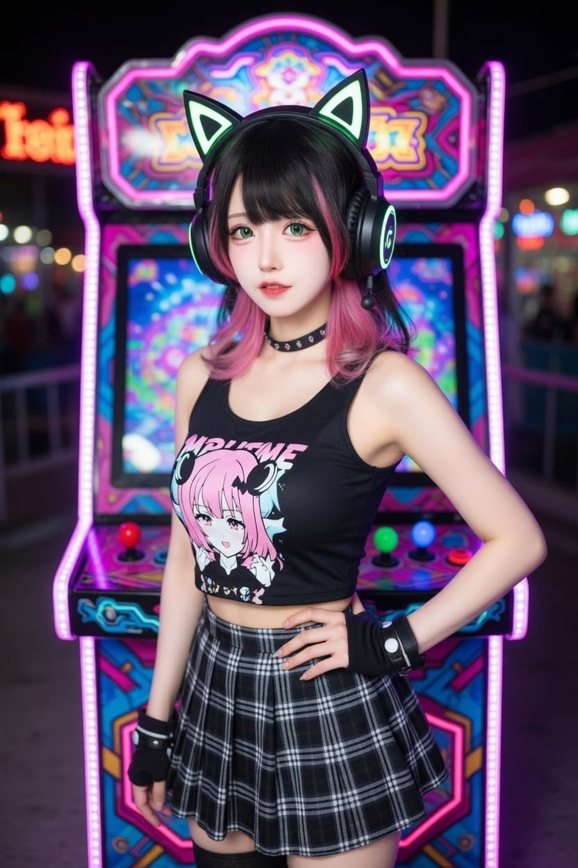 Playful young woman in cat-ear headphones poses confidently in front of a vibrant neon arcade machine.