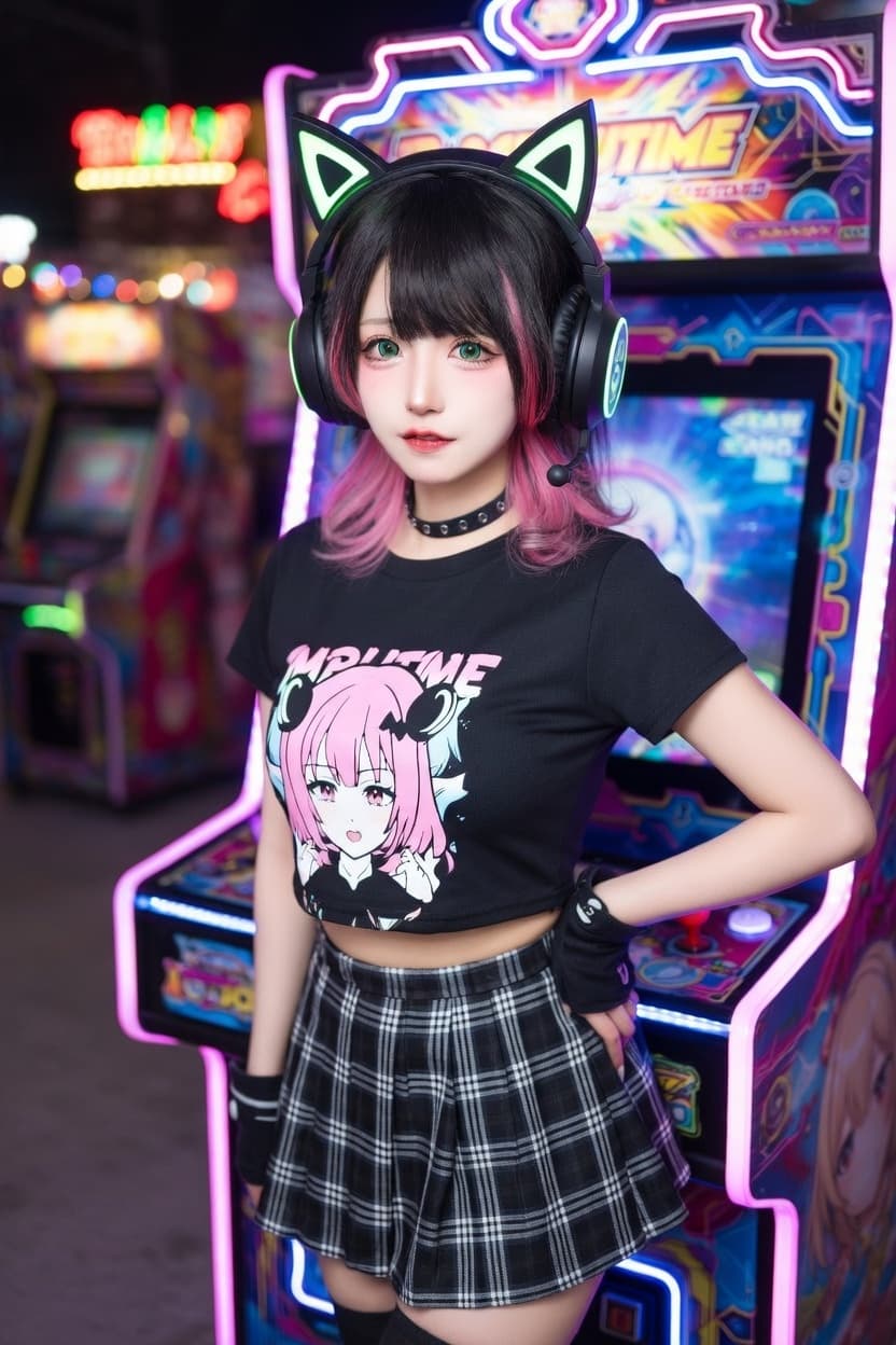 Playful anime fan poses confidently in a vibrant neon-lit arcade.